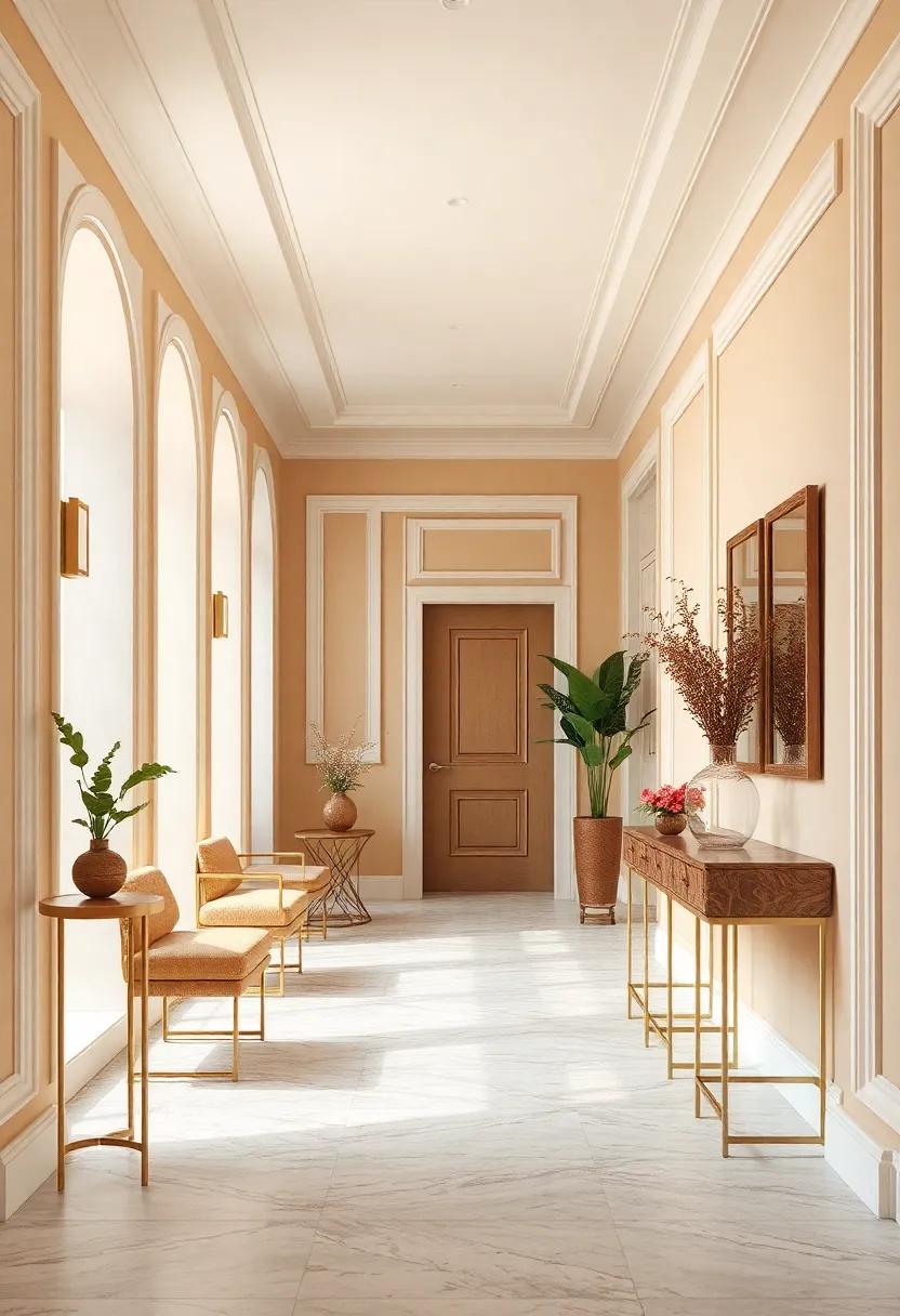 Highlighting Architectural Features with Cream Moldings and Beige Wall Paint for Elegant Hallway Structure