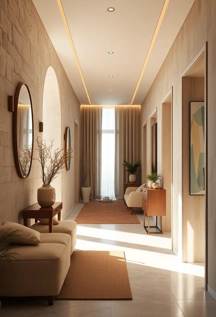 Illuminating Narrow Hallways with Warm Beige and Cream Accents to Enhance Spaciousness and Light