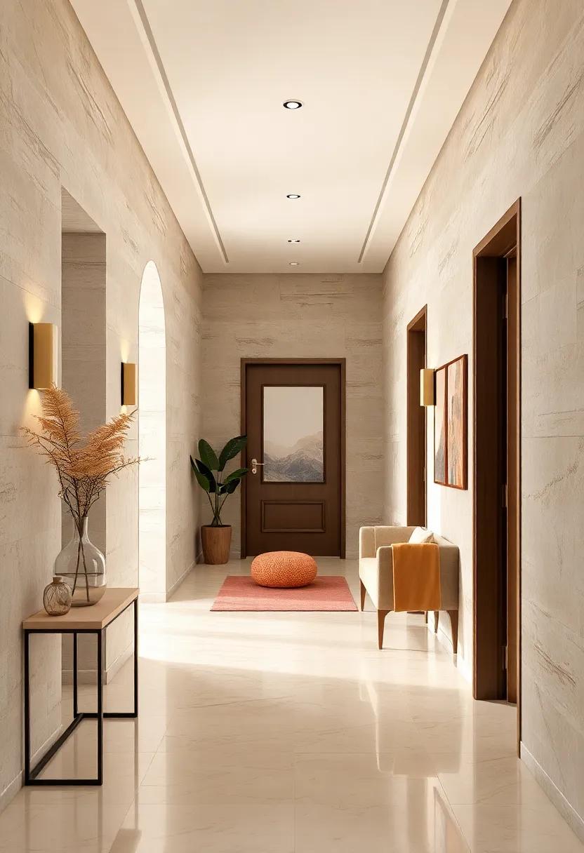 Layering Textures in a Beige and Cream Palette to Create Depth and Visual Interest in Hallway Design