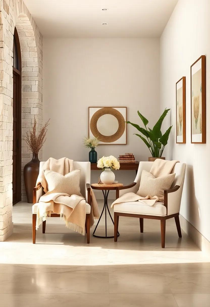 Layering Cream and Beige Throw Blankets on Hallway Chairs for Added Warmth and Style
