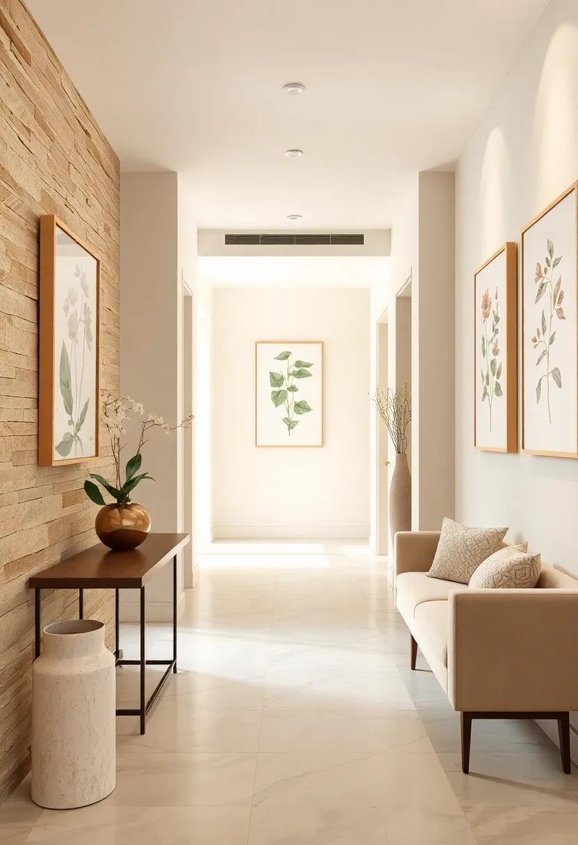 Setting a Serene Mood with Beige and Cream Botanical Prints Hung Along the Hallway Corridor