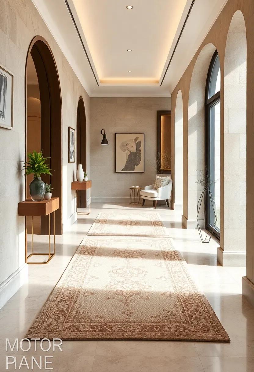 Showcasing Classic Beige and Cream Rugs with Intricate Details to Anchor Hallway Decor Spaces