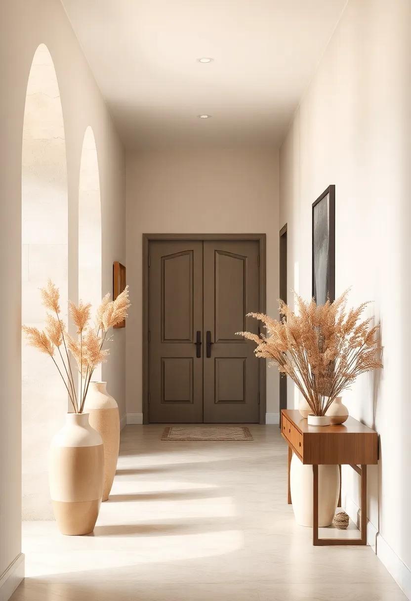 Using Cream-Colored Ceramic Vases with Dried Florals to Bring Organic Texture to a Beige Hallway Setting