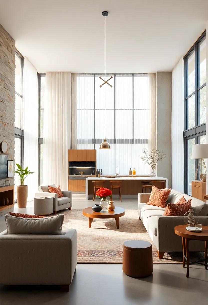 Maximizing Natural Light with Expansive Windows and Soft Sheer Curtains in an Open Living Kitchen Space