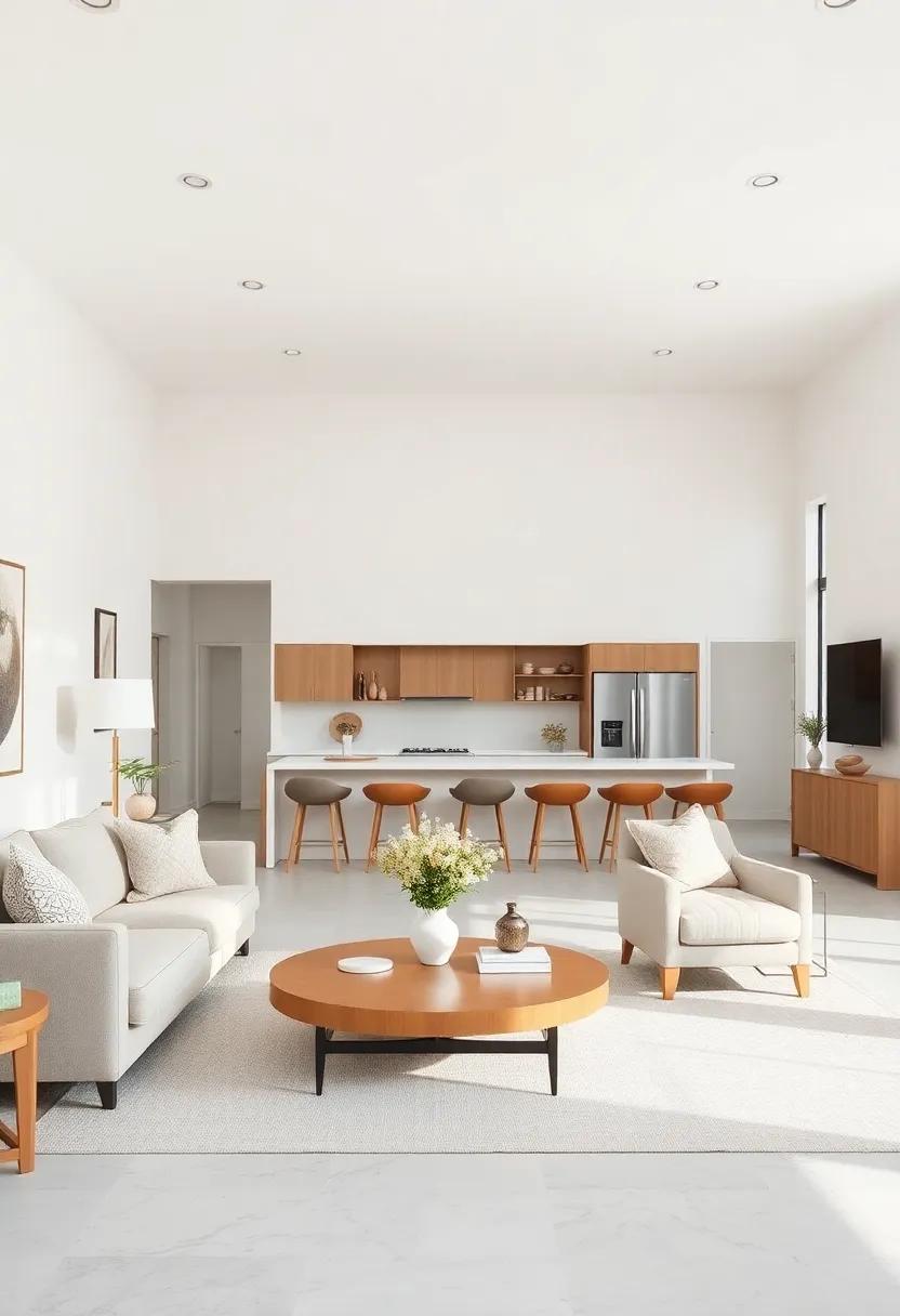 Soft Neutral Color Palettes Creating a Serene and Spacious Atmosphere in Open Concept Living Kitchens