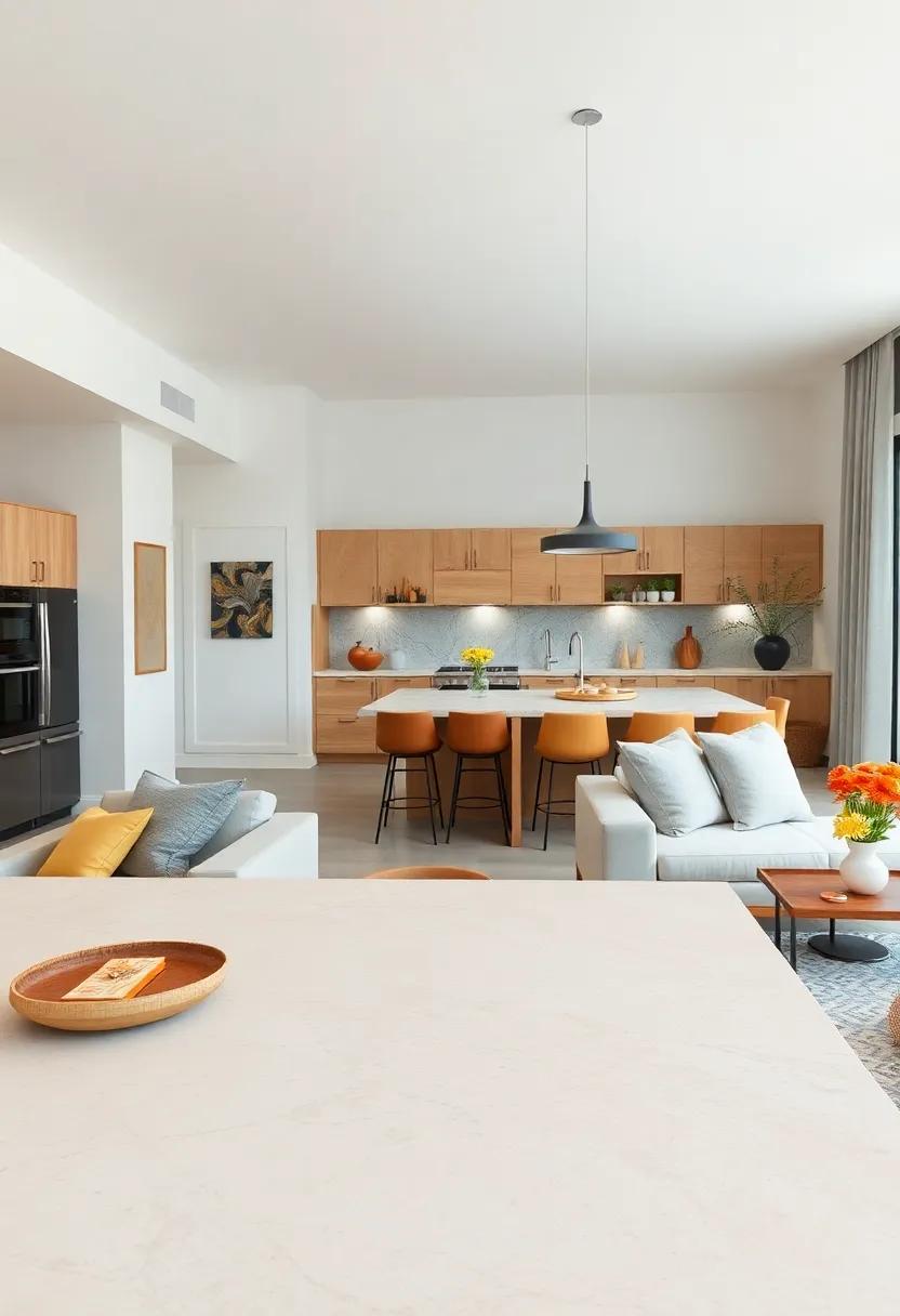 Natural Stone Countertops with Subtle Veining Offering an Elegant Yet Light Touch to Open Concept Kitchens