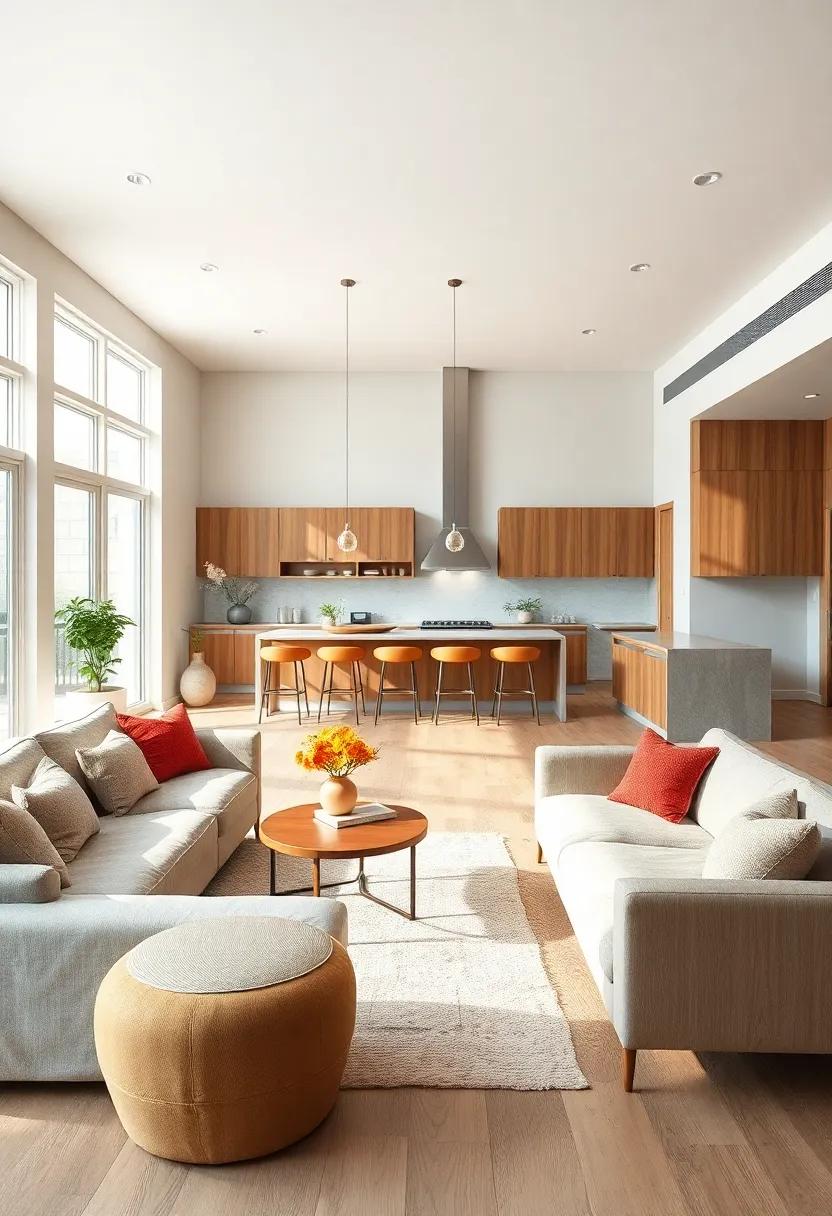 Natural Wood Finishes on Floors and Furniture Balancing Warmth and Brightness in Modern Kitchen Living Rooms