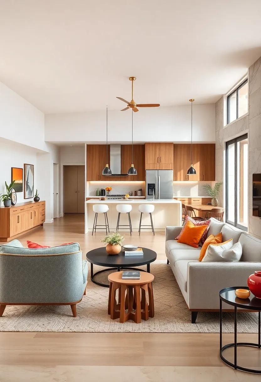 Soft Curved Lines in Furniture and Fixtures Breaking Up Angular Open Space for a Friendly, Airy Feel