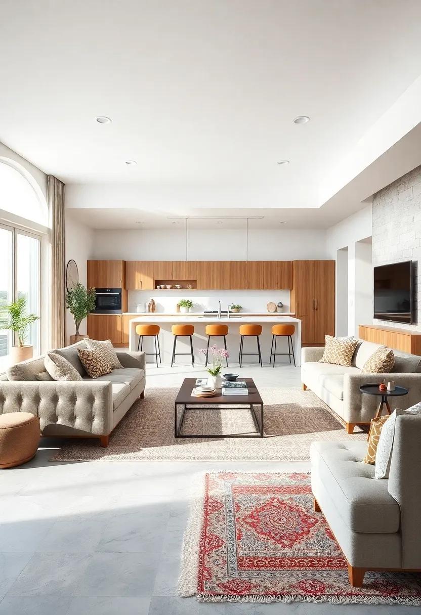 Seamless Transition Zones Defined by Subtle Floor Textures and Area Rugs in Open Concept Living Kitchens