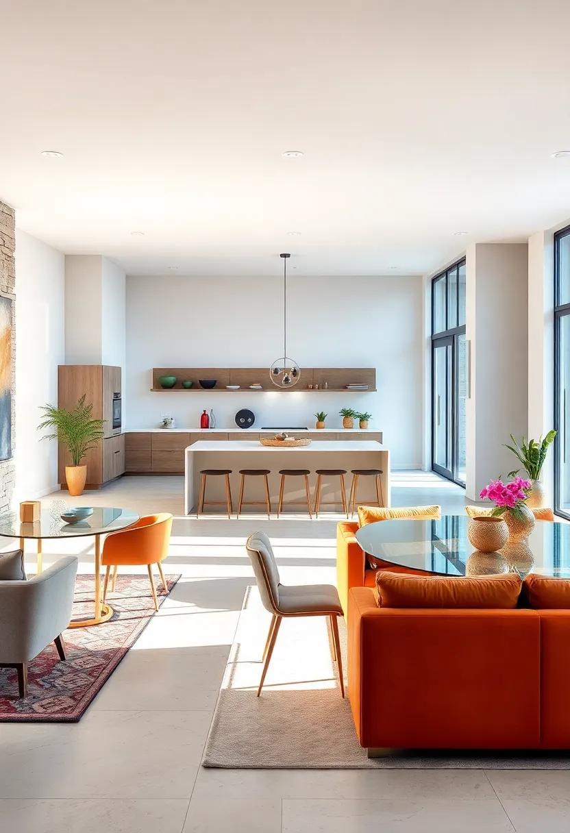 Open Plan Dining Areas Featuring Transparent Glass Tables and Minimalist Chairs to Maintain Spacious Flow