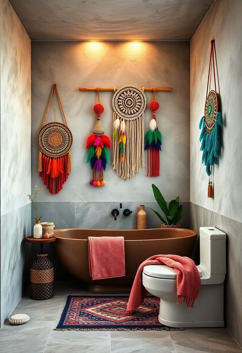 Bohemian-Inspired Wall Hangings Featuring Feather and Bead Designs Adding an Ethereal Touch to Bathrooms