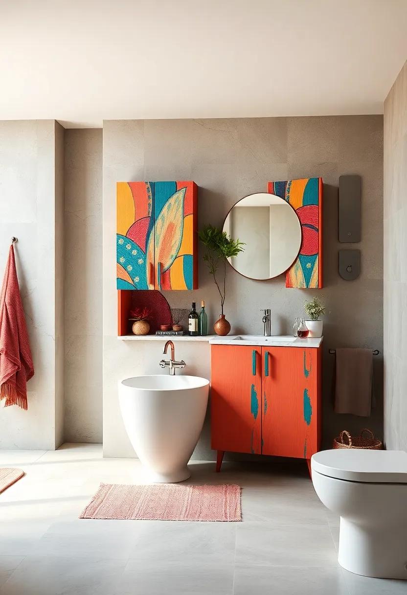 Bold Painted Bathroom Cabinets with Abstract Boho Patterns Making a Statement in Colorful Bathroom Design