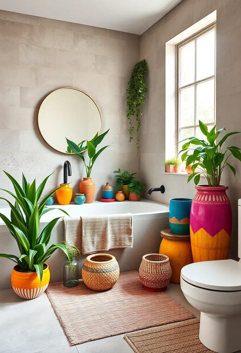 Brightly Colored Ceramic Pots and Lush Greenery Infusing a Fresh Natural Vibe in Boho Bathroom Decor