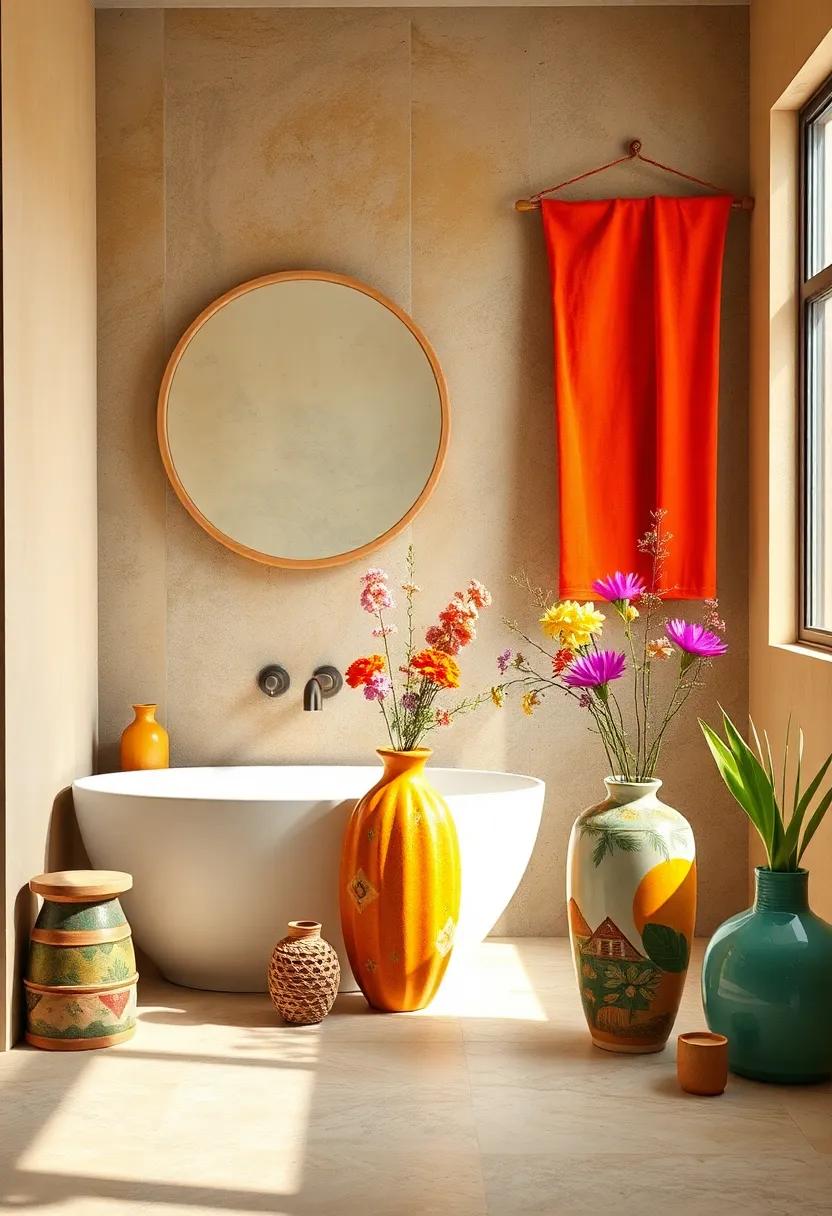 Ceramic Vases with Hand-Painted Designs and Wildflowers Bringing Artisanal Charm to Bohemian Bathrooms
