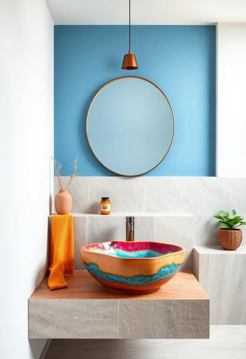 Ceramic Sinks with Unique Boho Glazes and Uneven Edges Creating Artisan Focal Points in Bathroom Decor
