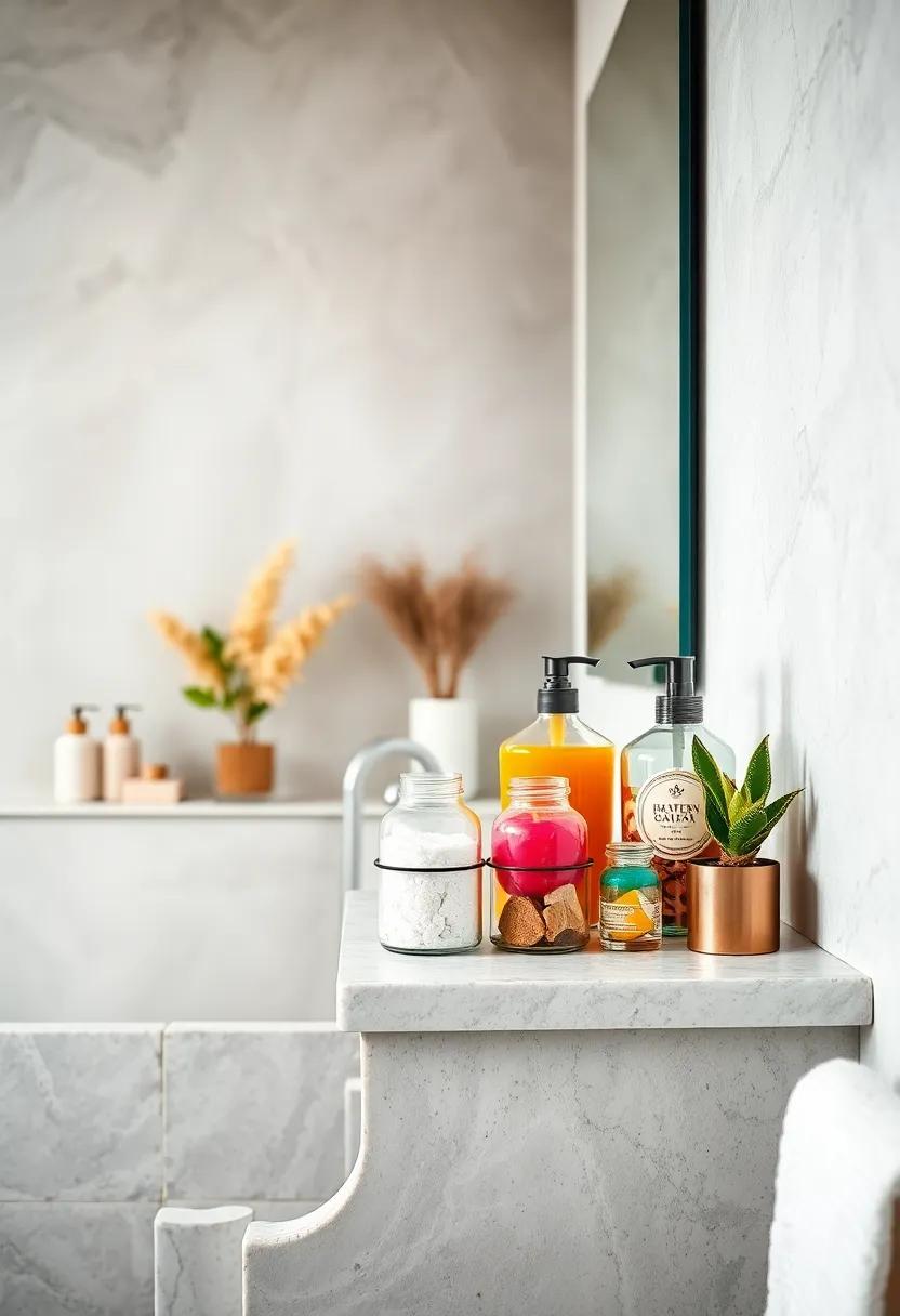 Colorful Glass Jar Organizers Filled with Natural Soaps and Salts Giving a Boho Bathroom a Personal Flair