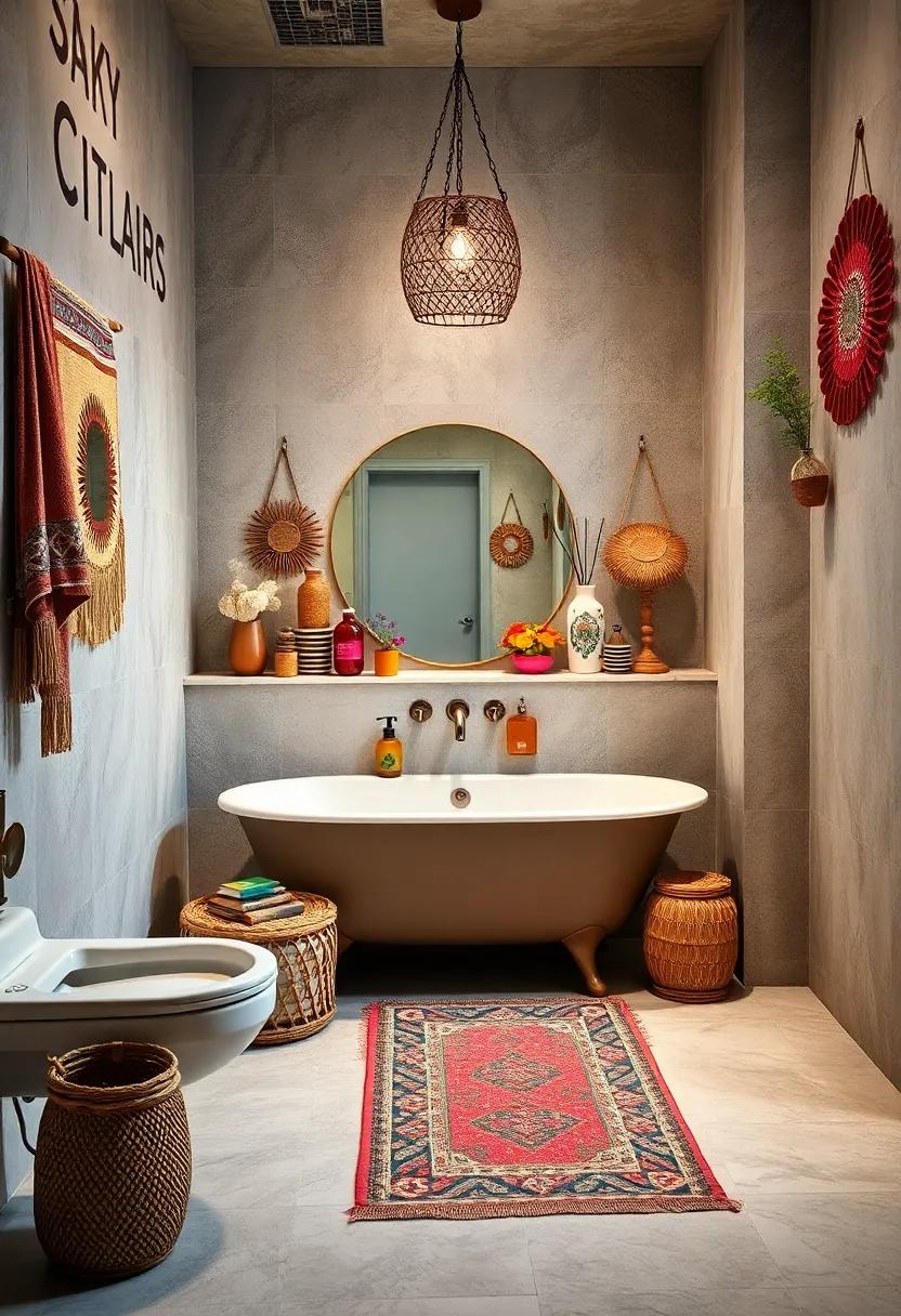 Eclectic Mix of Vintage and Modern Boho Accessories Creating a Unique Visual Story in the Bathroom
