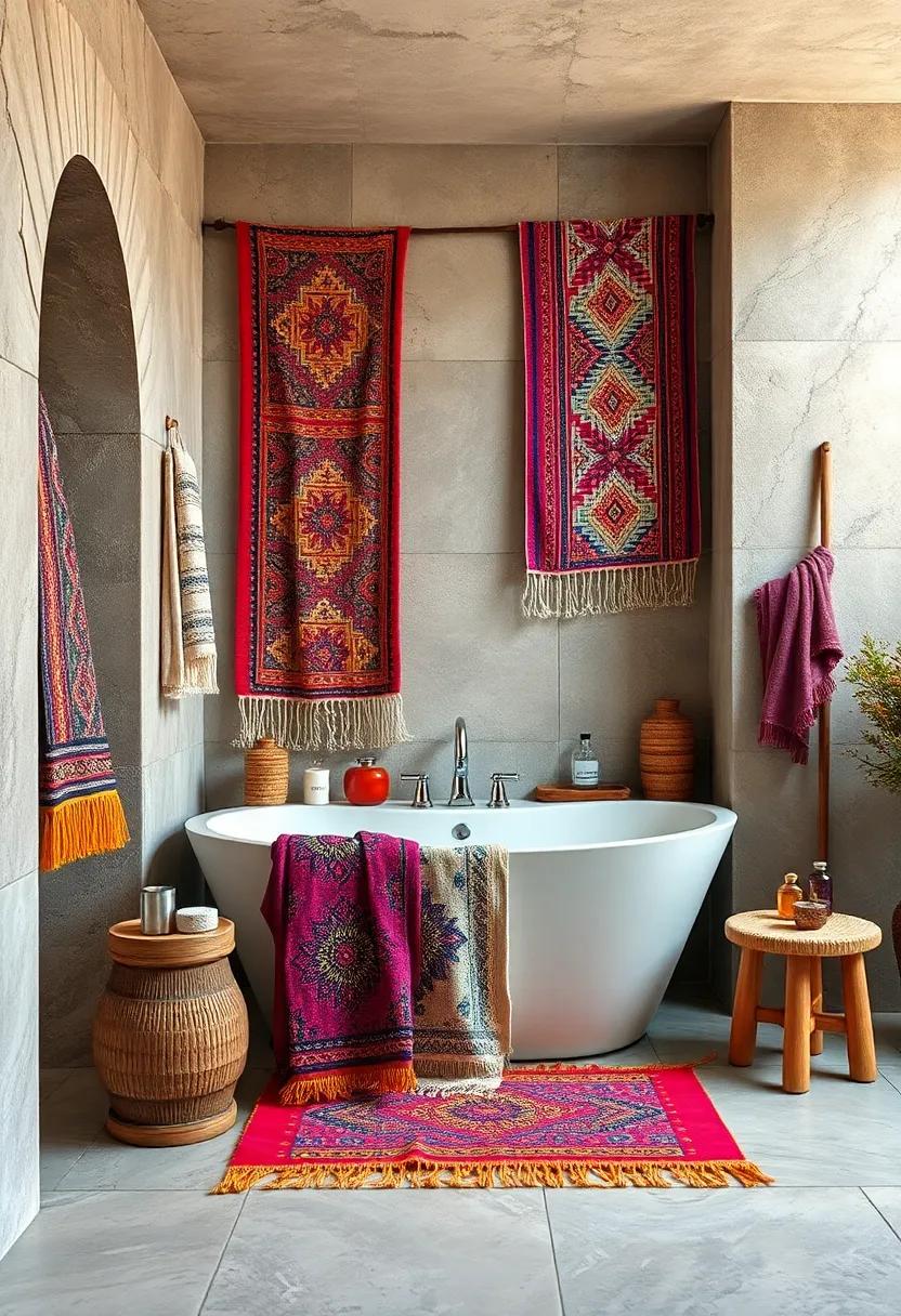 Handwoven Textiles with Intricate Patterns Adding Warmth and Texture to Colorful Boho Bath Spaces