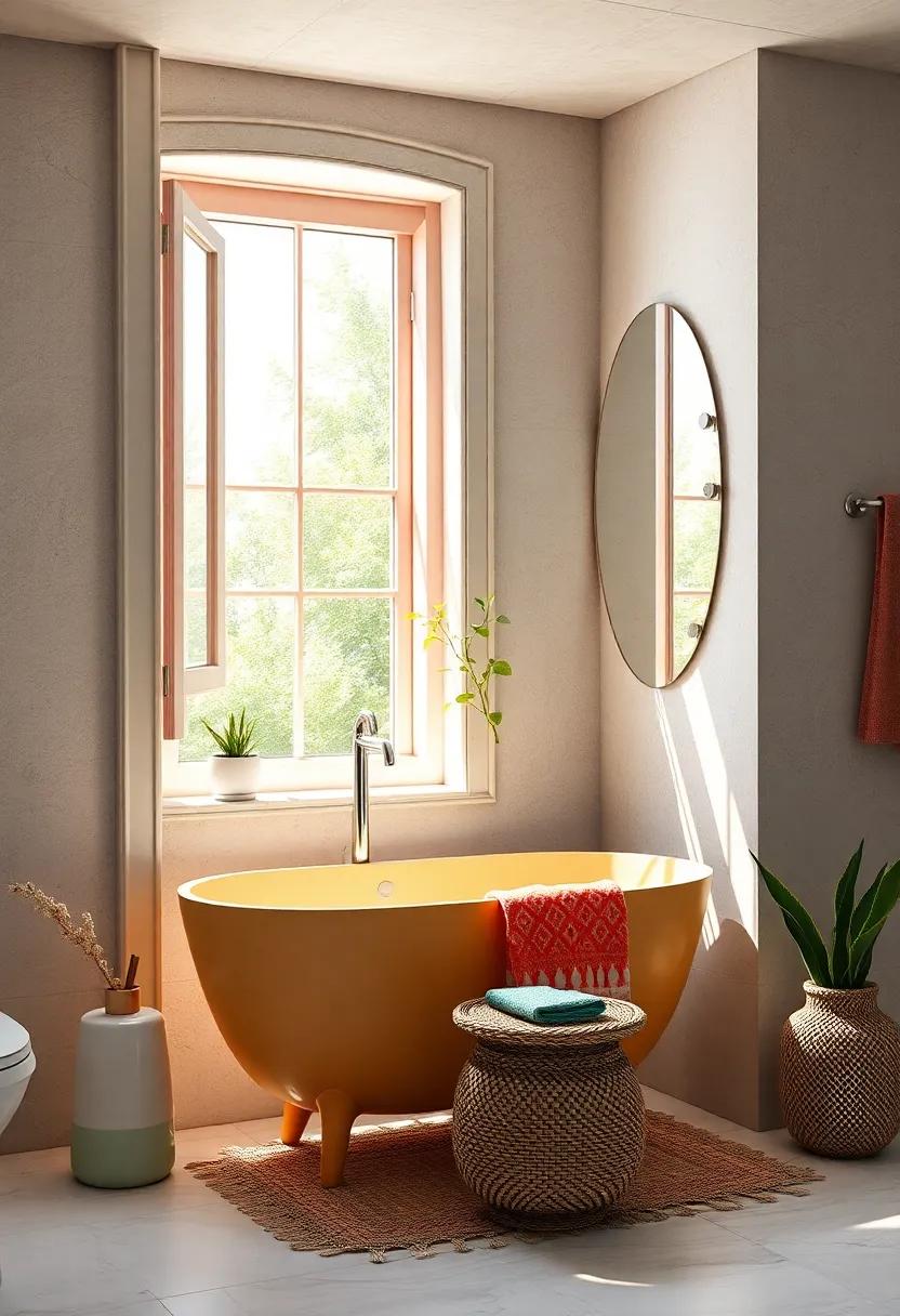 Light and Airy Window Frames Painted in Pastel Boho Shades Offering a Bright Outlook for Bathroom Spaces