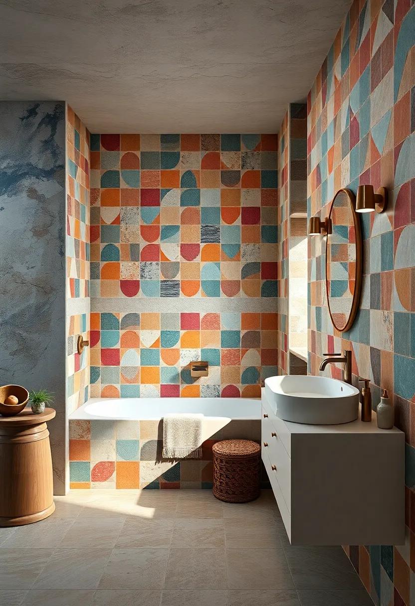 Multicolored Tiling Imagery Inspired by Moroccan and Indian Boho Patterns Bringing Exotic Energy to Bathrooms