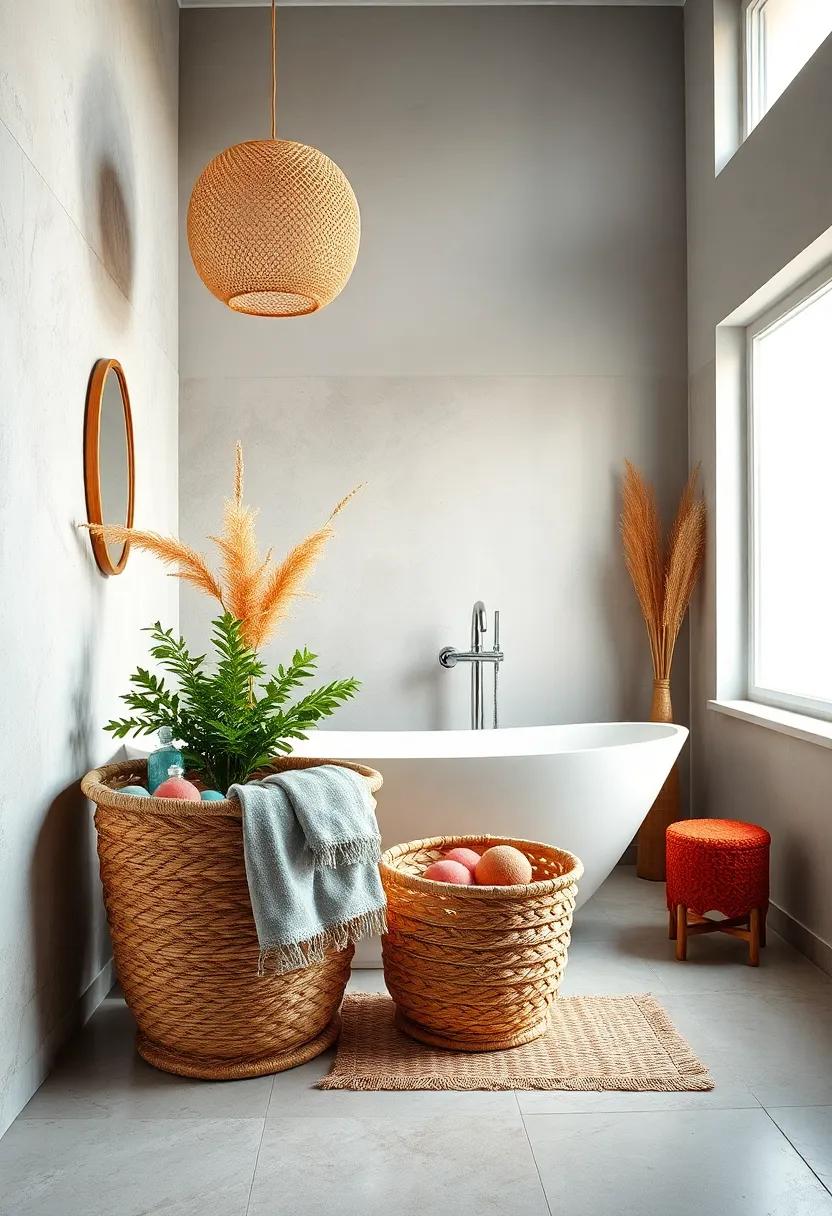 Natural Fiber Baskets Overflowing with Bath Essentials in Rich Boho Colors Enhancing Cozy Bathroom Styles