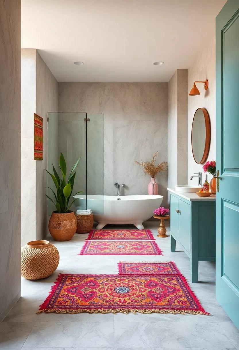 Patterned Floor Mats with Rich Boho Colors Creating a Cheerful and Inviting Bathroom Walkway