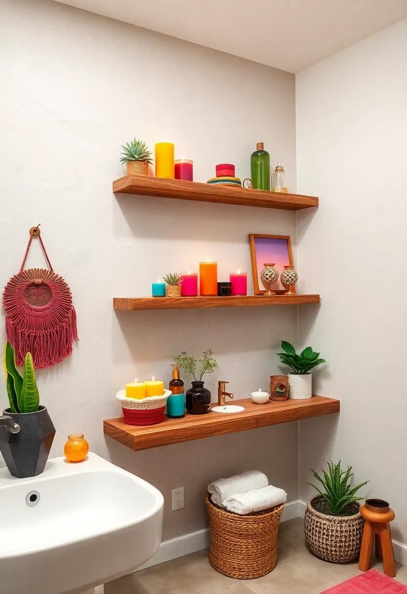 Rustic Wooden Shelving Displaying Brightly Colored Candles and Trinkets for a Boho Bathroom Gallery