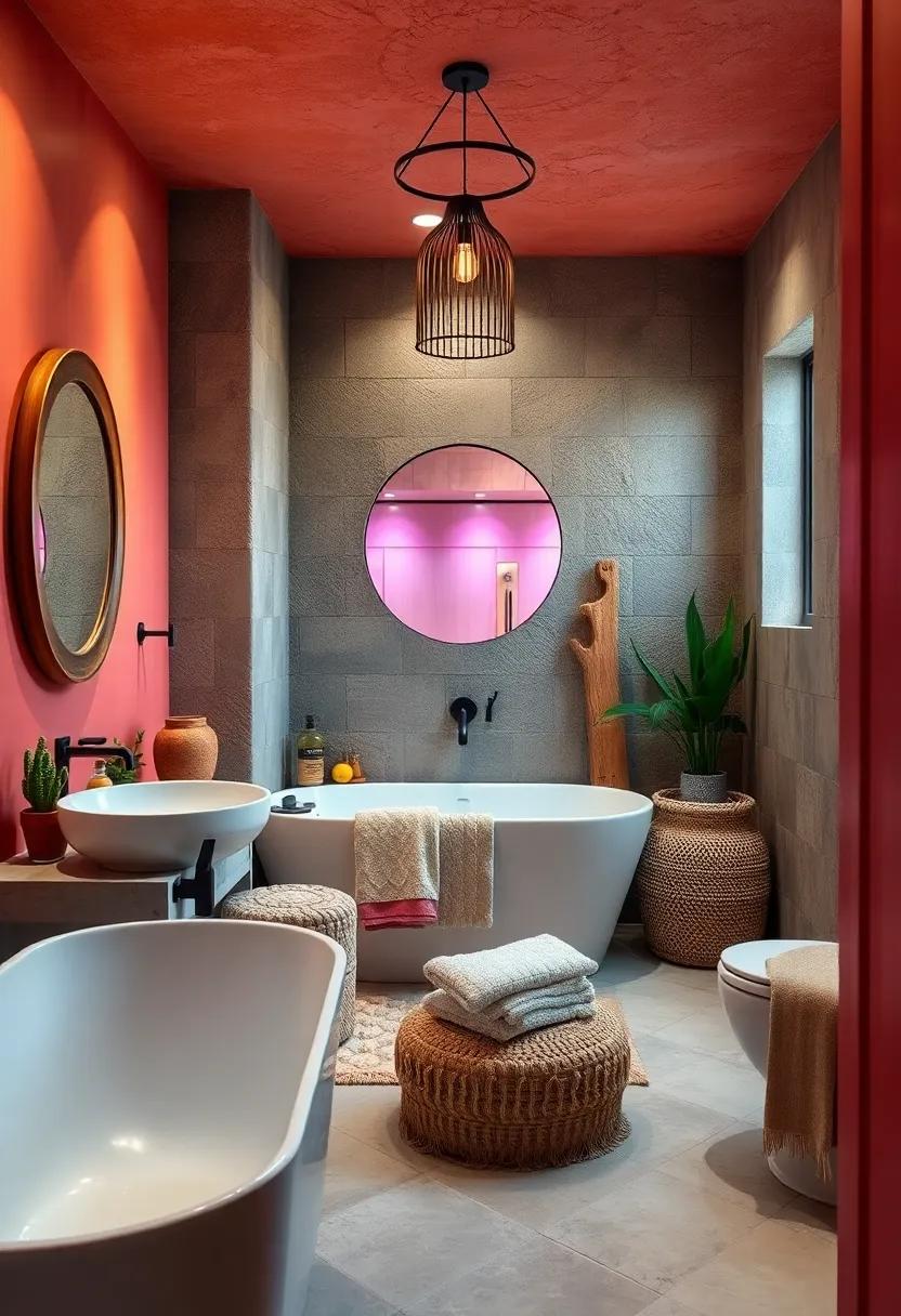 Soft Ambient Lighting Enhancing the Rich Tones and Earthy Elements of a Colorful Boho Bathroom Retreat