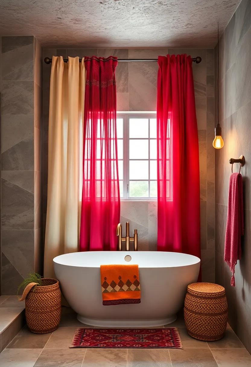 Tasselled Curtains and Drapes in Jewel Tones Adding Flow and Movement to an Inviting Bohemian Bathroom