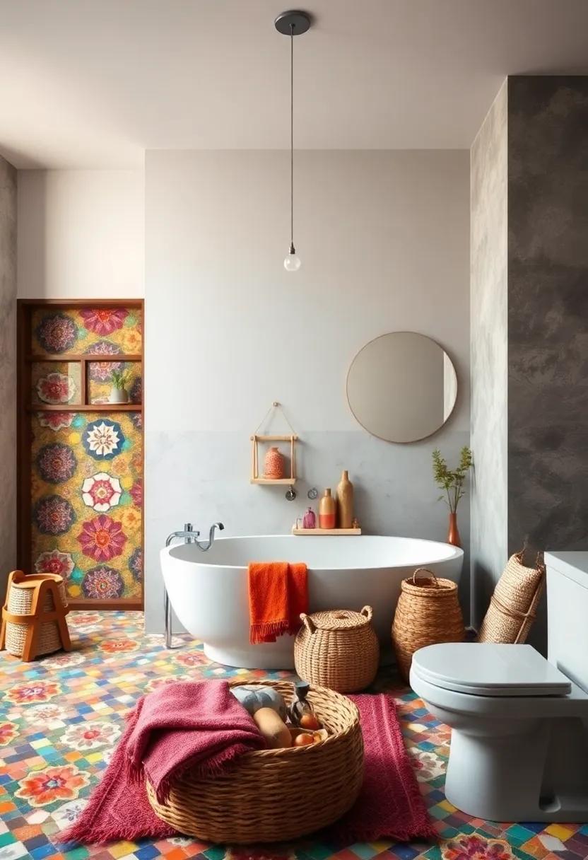 Vibrant Mosaic Tiles Bringing Life and Energy to a Cozy Boho Bathroom Sanctuary
