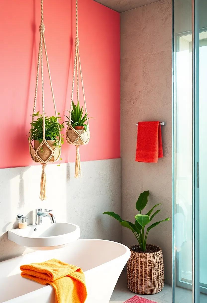 Whimsical Macramé Plant Holders Hanging Beside Bright Wrapped Towels for a Relaxed Boho Bathroom Ambiance