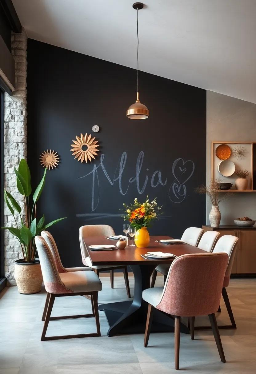 Chalkboard ​Wall: ⁣Transform a section ​of your ‌wall ⁢into a‍ chalkboard for writing ⁤menus, notes, or⁣ doodles, adding a playful and interactive element‍ to‌ your⁤ dining room