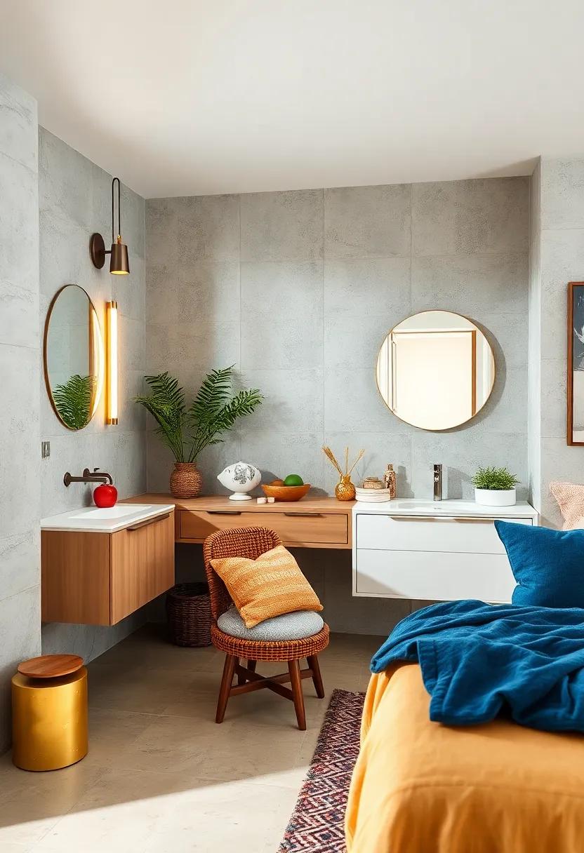 Retro Vanity Designs Paired with Sleek Mirrors and Minimalist Decor Creating an Elegant Yet Playful Bedroom Corner