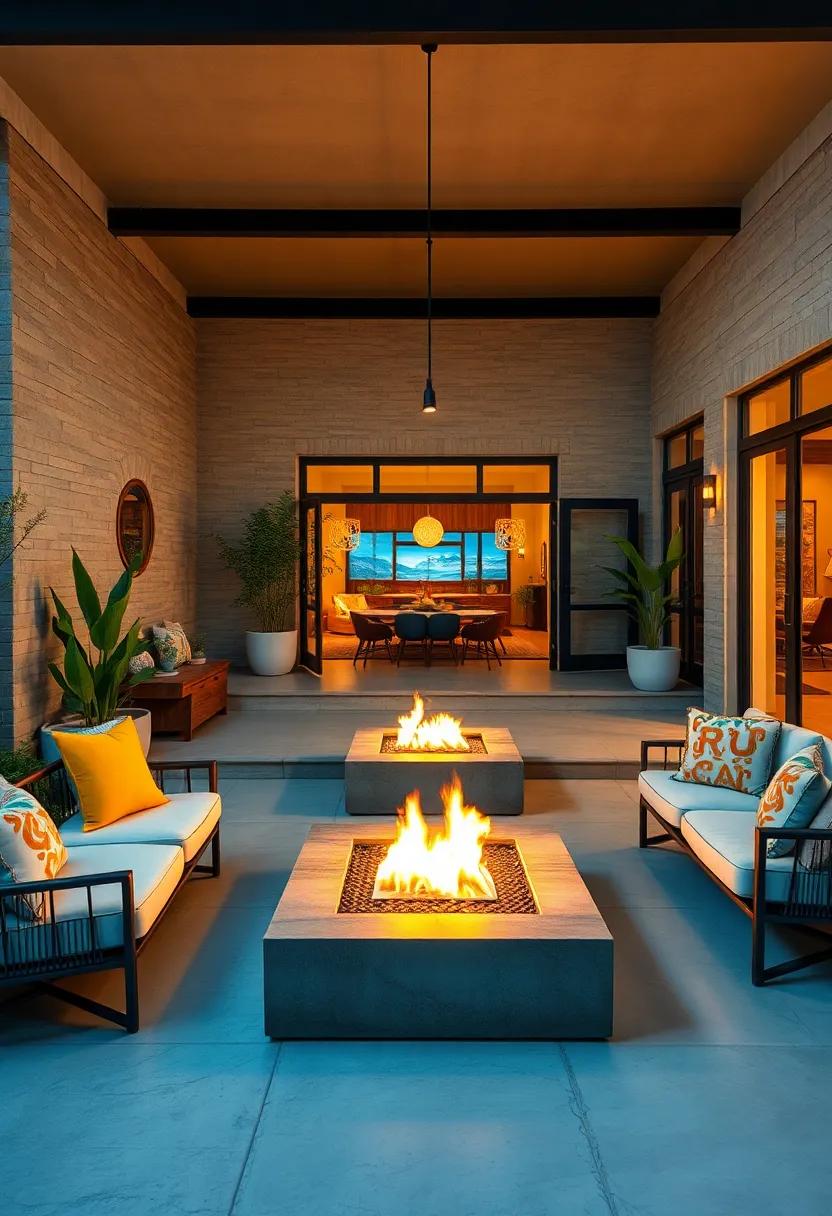 Outdoor Eclectic Spaces Combining Retro Patio Furniture with Contemporary Fire Pits and Ambient Lighting