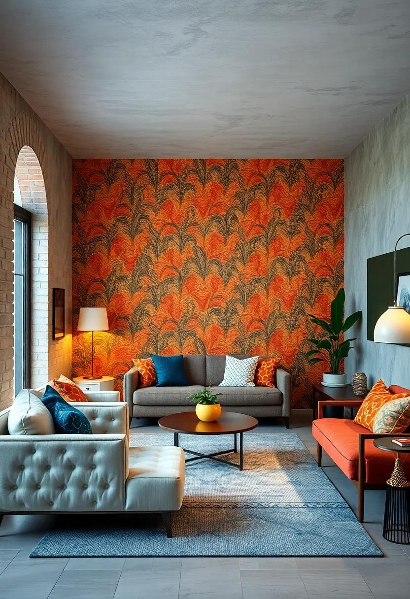 Bold Retro Wallpaper Patterns Contrasting Against Modern Minimalist Furniture to Create Striking Visual Stories