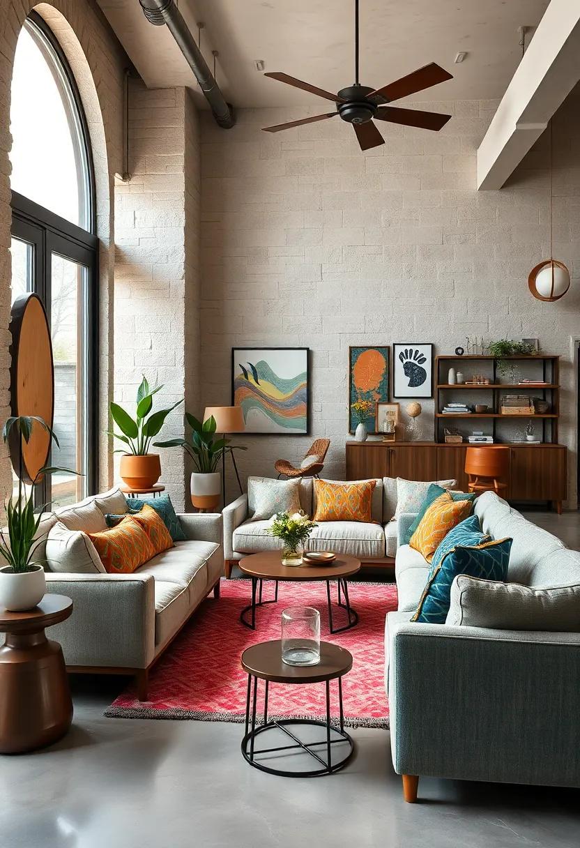 Eclectic Arrangement of Mid Century Modern Furniture Paired with Contemporary Decorative Elements in Open Floor Plans