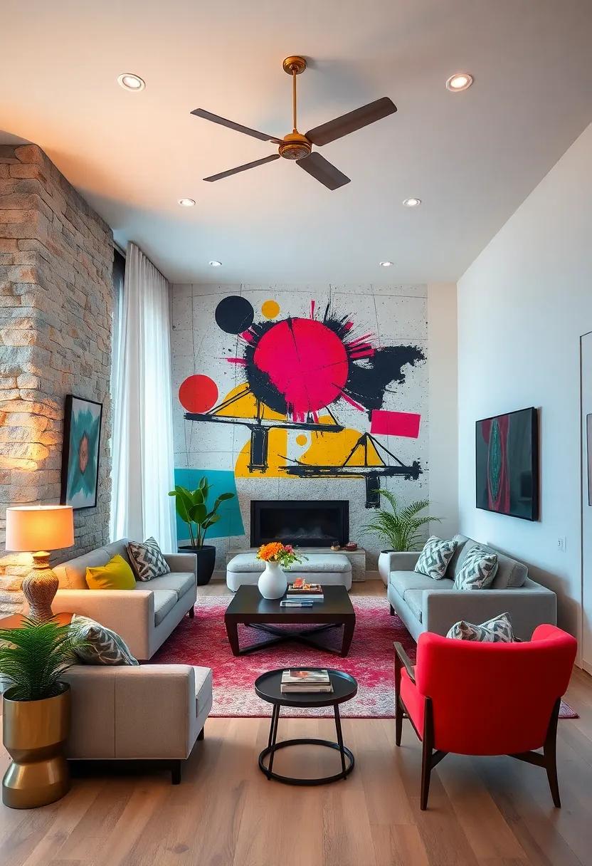 Dynamic Use of Bold Graphic Wall Murals Merging Retro Pop Culture Icons with Abstract Modern Art Concepts