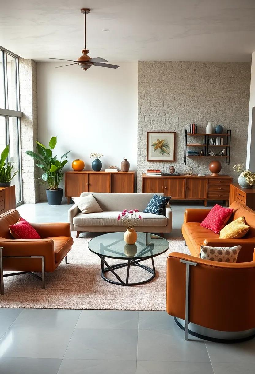Living Rooms Showcasing a Fusion of Classic Leather Armchairs with Sleek Metal and Glass Modern Coffee Tables