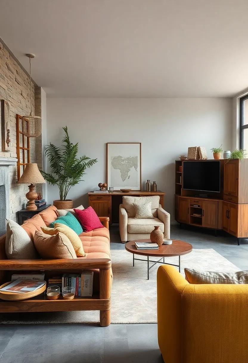 Contrasting Rustic Wooden Furniture With Sleek Retro Upholstery for Textural Harmony in Room Design