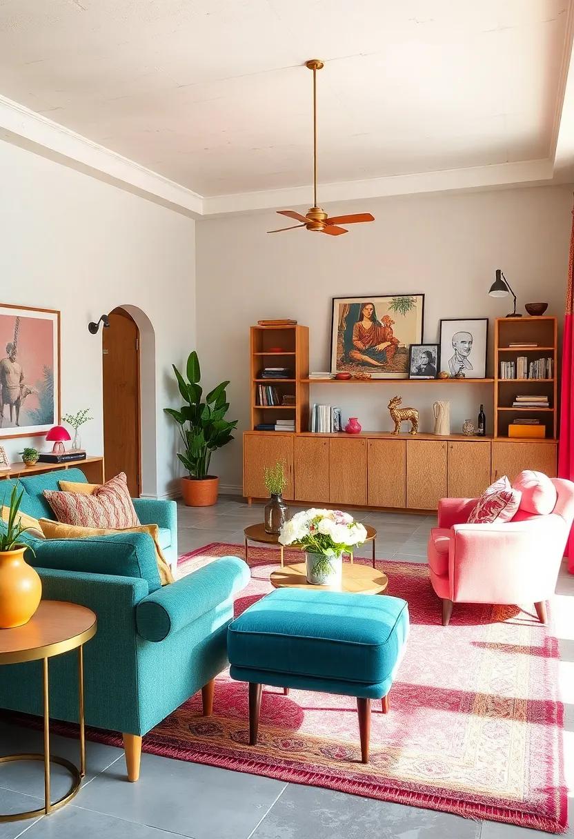 Creating Contrasts by Pairing Pastel Tones and Rich Jewel Colors in Retro Upholstery and Decorative Accents