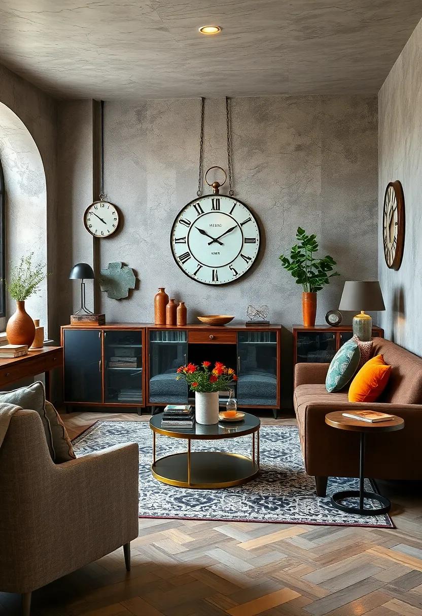 Featuring Distinctive Retro Clocks and Timepieces as Eye-Catching Focal Points in Eclectic Room Layouts