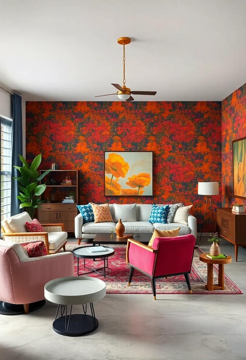 Juxtaposing Mid-Century Modern Silhouettes Against Vibrant Textured Wallpapers for a Unique Eclectic Room