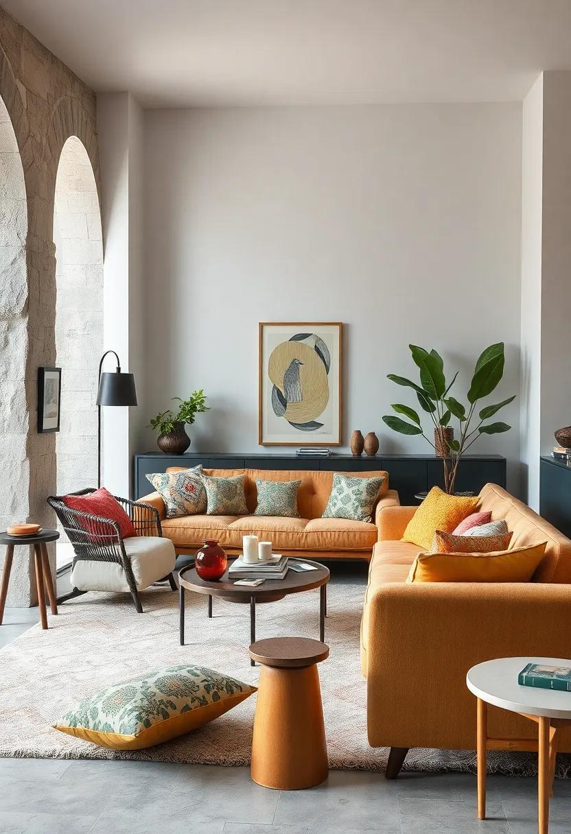 Mixing Patterned Cushions and Throws Featuring Retro Motifs to Add Dynamic Visual Interest in Eclectic Rooms