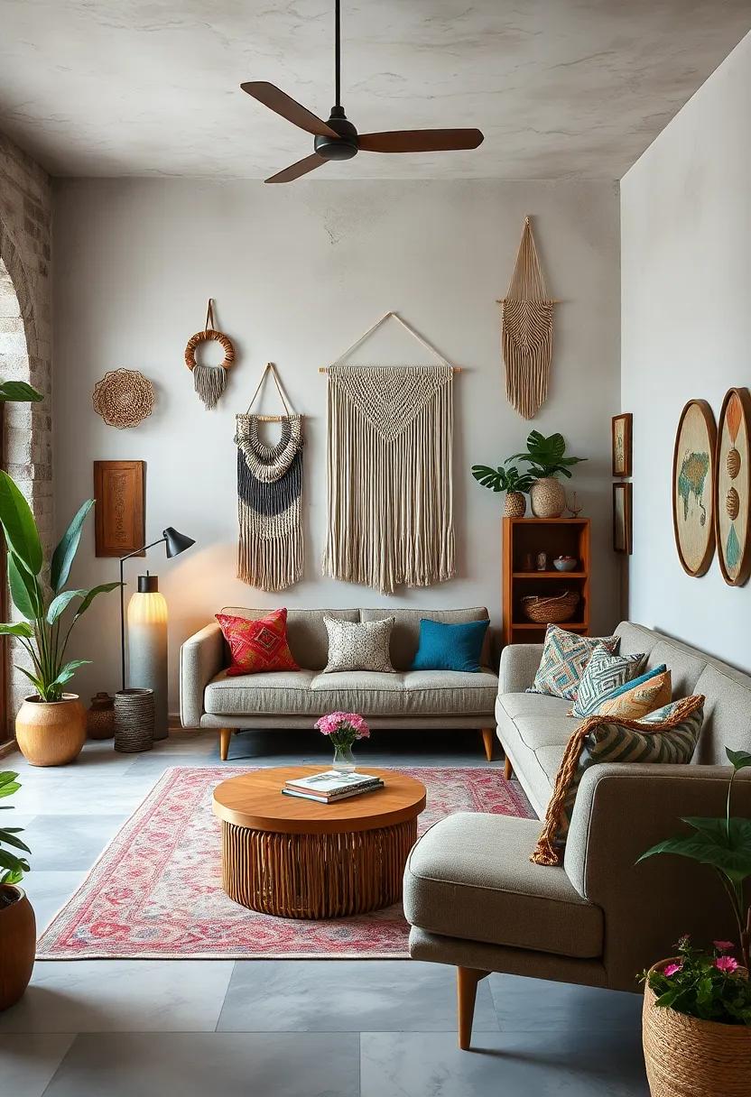 Showcasing Woven Textiles and Macramé Wall Hangings to Add Bohemian Flair to a Retro Eclectic Space