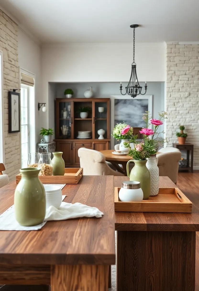 Buffets Styled With Rustic Wooden Trays And Classic Ceramic Pitchers