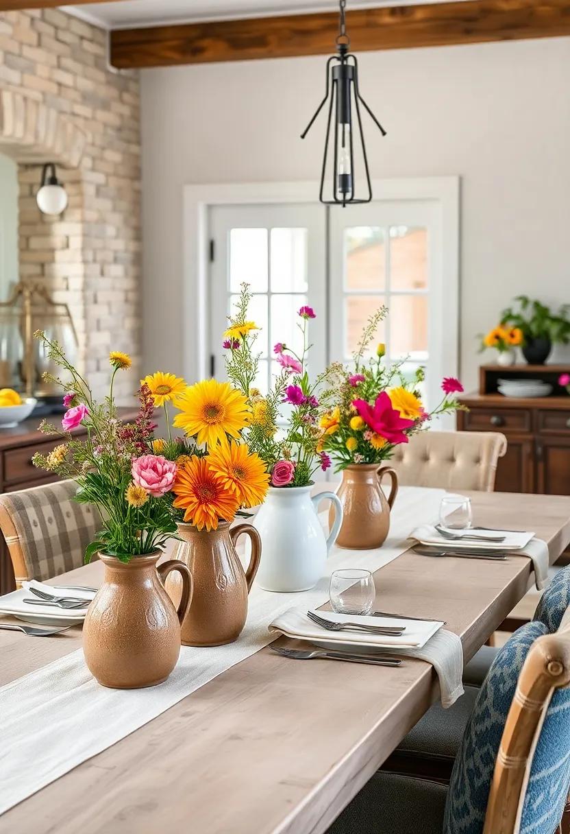Ceramic Pitchers Filled With Freshly Picked Seasonal Flowers As Centerpieces
