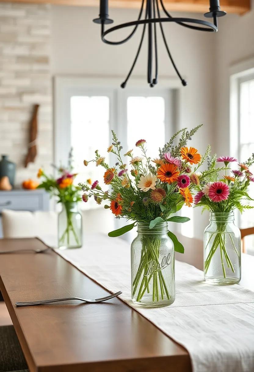 Elegant Mason Jar Centerpieces Filled With Seasonal Wildflowers And Greenery