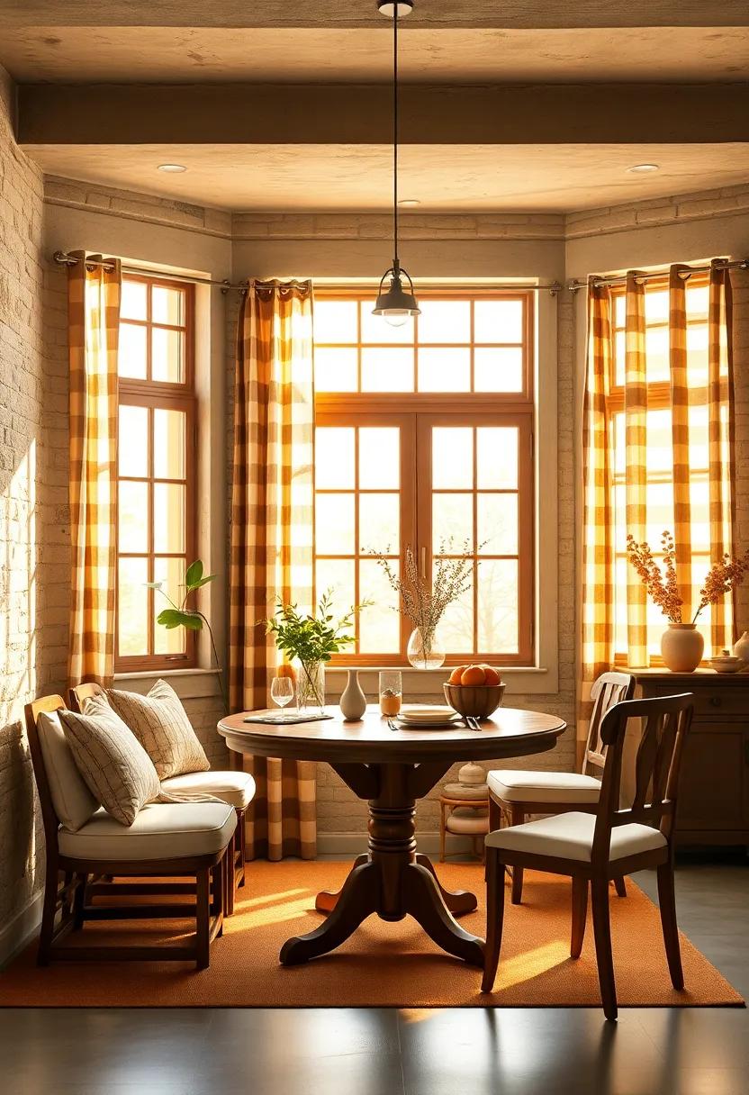 Farmhouse Style Window Frames With Soft Checkered Curtains Letting In Warm Sunlight