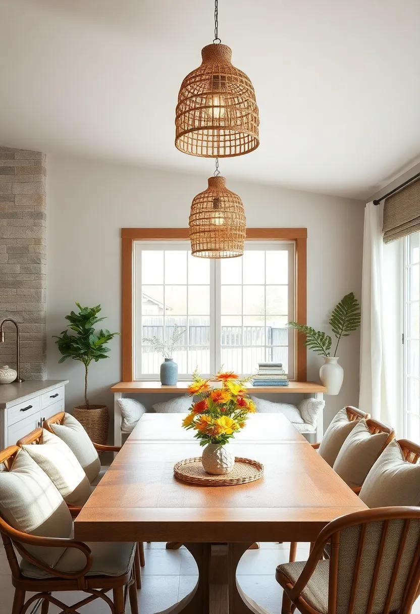Handwoven Rattan Pendant Lights Casting Gentle Glow Over The Dining Area