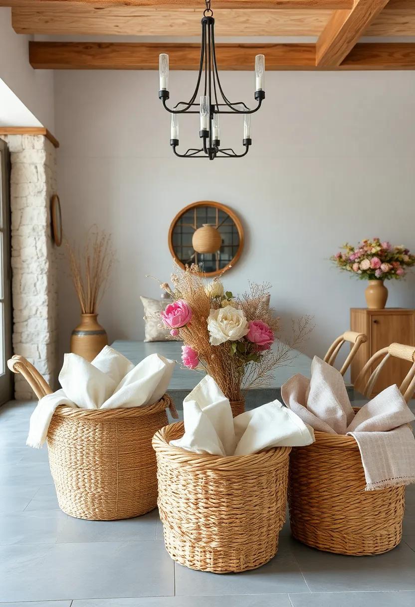 Natural Fiber Baskets Holding Extra Linens And Dried Floral Arrangements